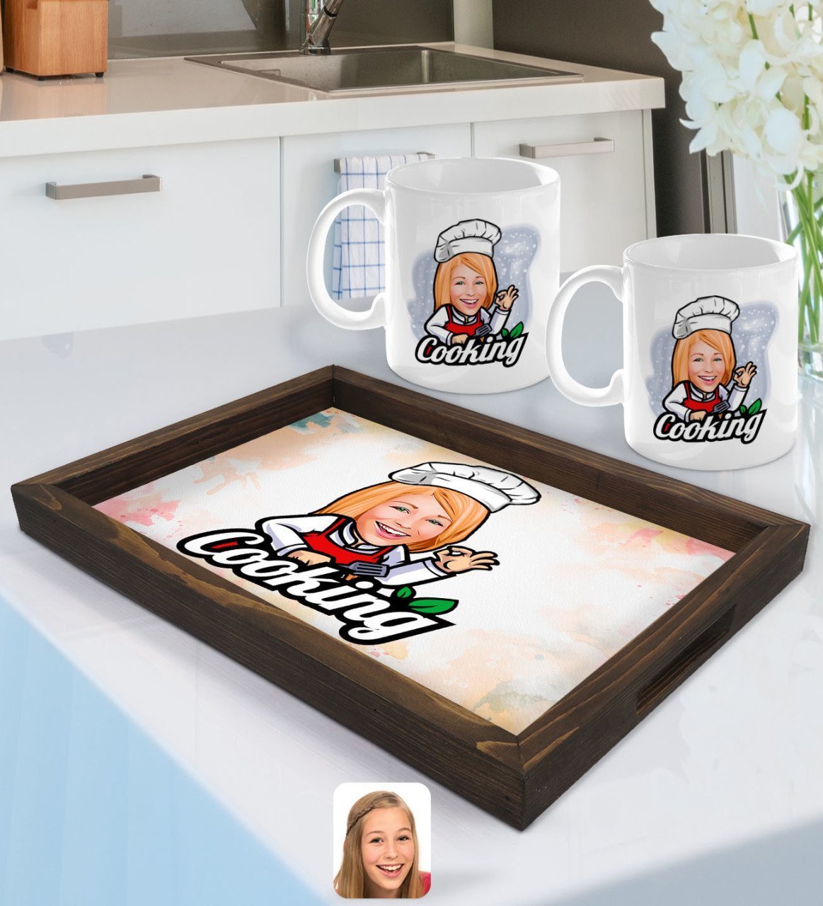 Kişiye Özel Kadın Chef Karikatürlü Doğal Ahşap Tepsi ve 2’li Kupa Bardak Seti-14