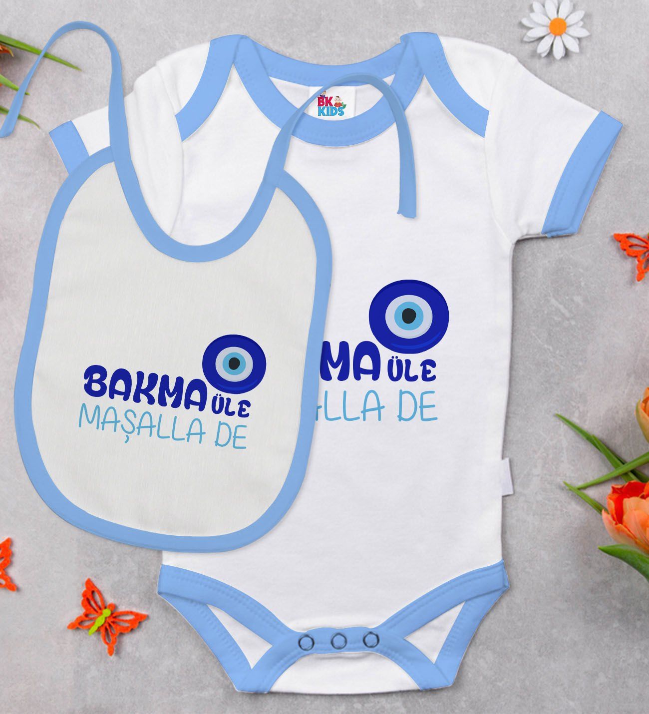 BK Kids Maşalla De Tasarımlı Mavi Bebek Body Zıbın ve Mama Önlüğü Hediye Seti-1