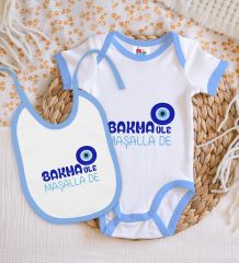 BK Kids Maşalla De Tasarımlı Mavi Bebek Body Zıbın ve Mama Önlüğü Hediye Seti-1