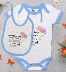 BK Kids Kişiye Özel Babaannem Tasarımlı Mavi Bebek Body Zıbın ve Mama Önlüğü Hediye Seti