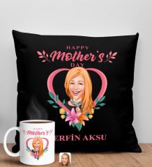 BK Gift Kişiye Özel Karikatürlü Anneler Günü Tasarımlı Siyah Kırlent Yastık ve Kupa Seti, Anneye Hediye, Ev Dekorasyonu, Anneler Günü Hediyesi-5