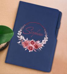 BK Gift Kişiye Özel Çiçek Tasarımlı Lacivert Termo Deri Not Defteri 15x21cm-1