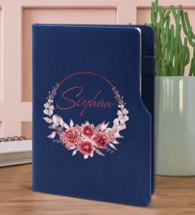BK Gift Kişiye Özel Çiçek Tasarımlı Lacivert Termo Deri Not Defteri 15x21cm-1