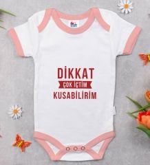 BK Kids Dikkat Çok İçtim Tasarımlı Pembe Bebek Body Zıbın-1