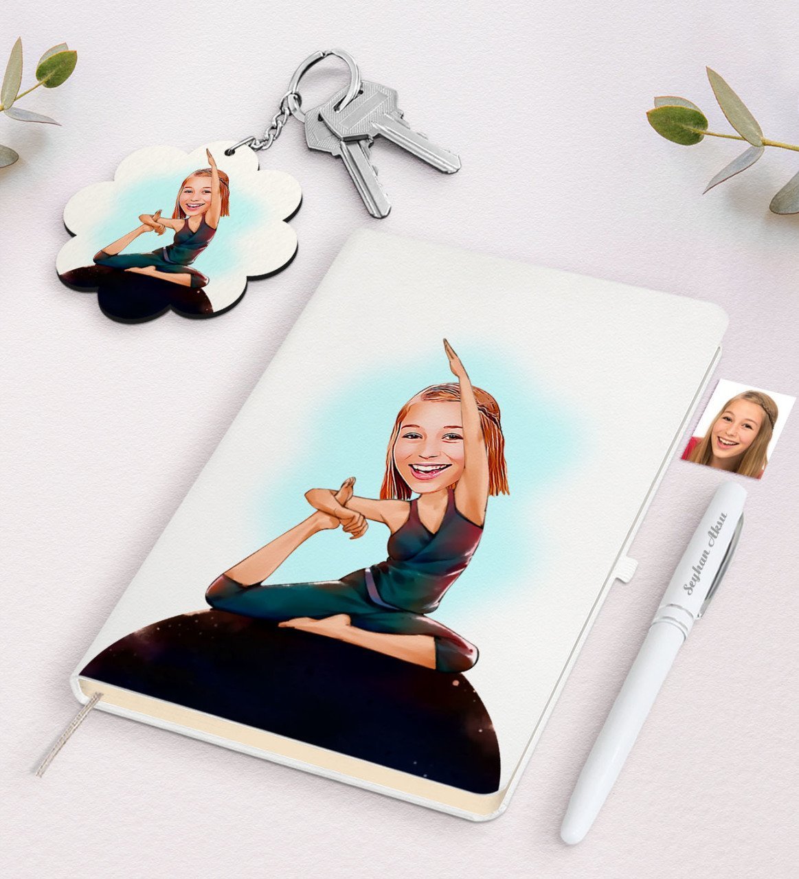 Kişiye Özel Kadın Yogacı Karikatürlü Beyaz Defter Kalem ve Anahtarlık Hediye Seti-2