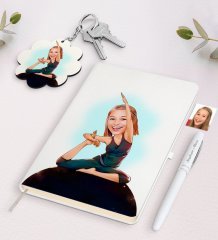 Kişiye Özel Kadın Yogacı Karikatürlü Beyaz Defter Kalem ve Anahtarlık Hediye Seti-2