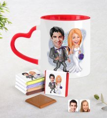 Kişiye Özel Sevgililer Günü Temalı Evleniyoruz Karikatürlü Kırmızı Kalpli Kupa ve Çikolata Seti-6