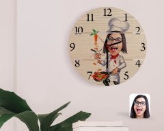 Kişiye Özel Kadın Chef Karikatürlü Otantik Ahşap Palet Saat-2