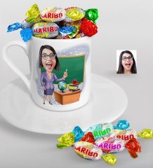 Kişiye Özel Bayan Öğretmen Karikatürlü Türk Kahvesi Fincanı ve Haribo Şeker Hediye Seti-1
