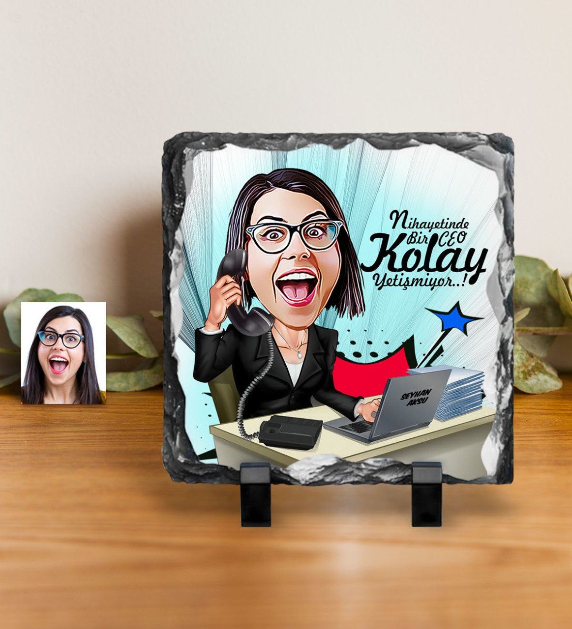 Kişiye Özel Bayan CEO Karikatürlü Dekoratif Doğal Taş - 1