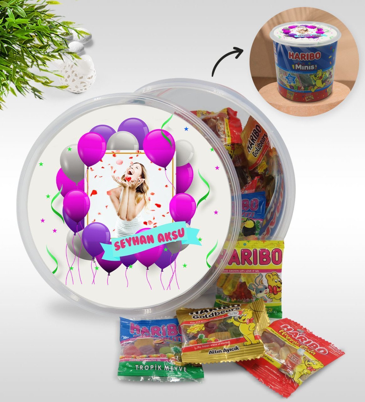 Kişiye Özel İsimli Fotoğraflı Doğum Günü Tasarımlı Dev Boy Haribo Minis Kovası (10gx100adet) Model 1