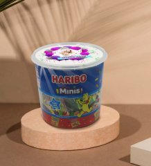 Kişiye Özel İsimli Fotoğraflı Doğum Günü Tasarımlı Dev Boy Haribo Minis Kovası (10gx100adet) Model 1