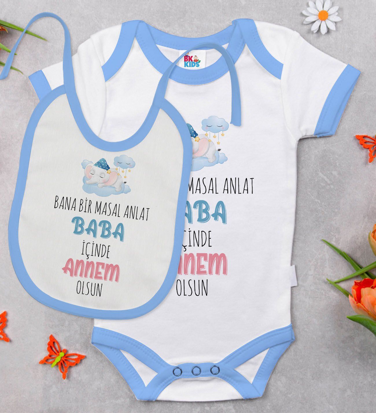 BK Kids Masal Anlat Baba Tasarımlı Mavi Bebek Body Zıbın ve Mama Önlüğü Hediye Seti-1
