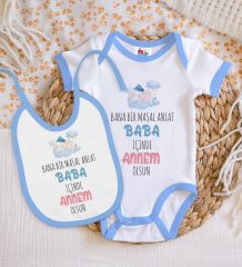 BK Kids Masal Anlat Baba Tasarımlı Mavi Bebek Body Zıbın ve Mama Önlüğü Hediye Seti-1