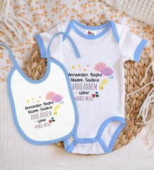 BK Kids Kişiye Özel Anneannem Tasarımlı Mavi Bebek Body Zıbın ve Mama Önlüğü Hediye Seti