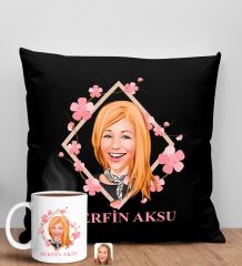 BK Gift Kişiye Özel Karikatürlü Anneler Günü Tasarımlı Siyah Kırlent Yastık ve Kupa Seti, Anneye Hediye, Ev Dekorasyonu, Anneler Günü Hediyesi-4