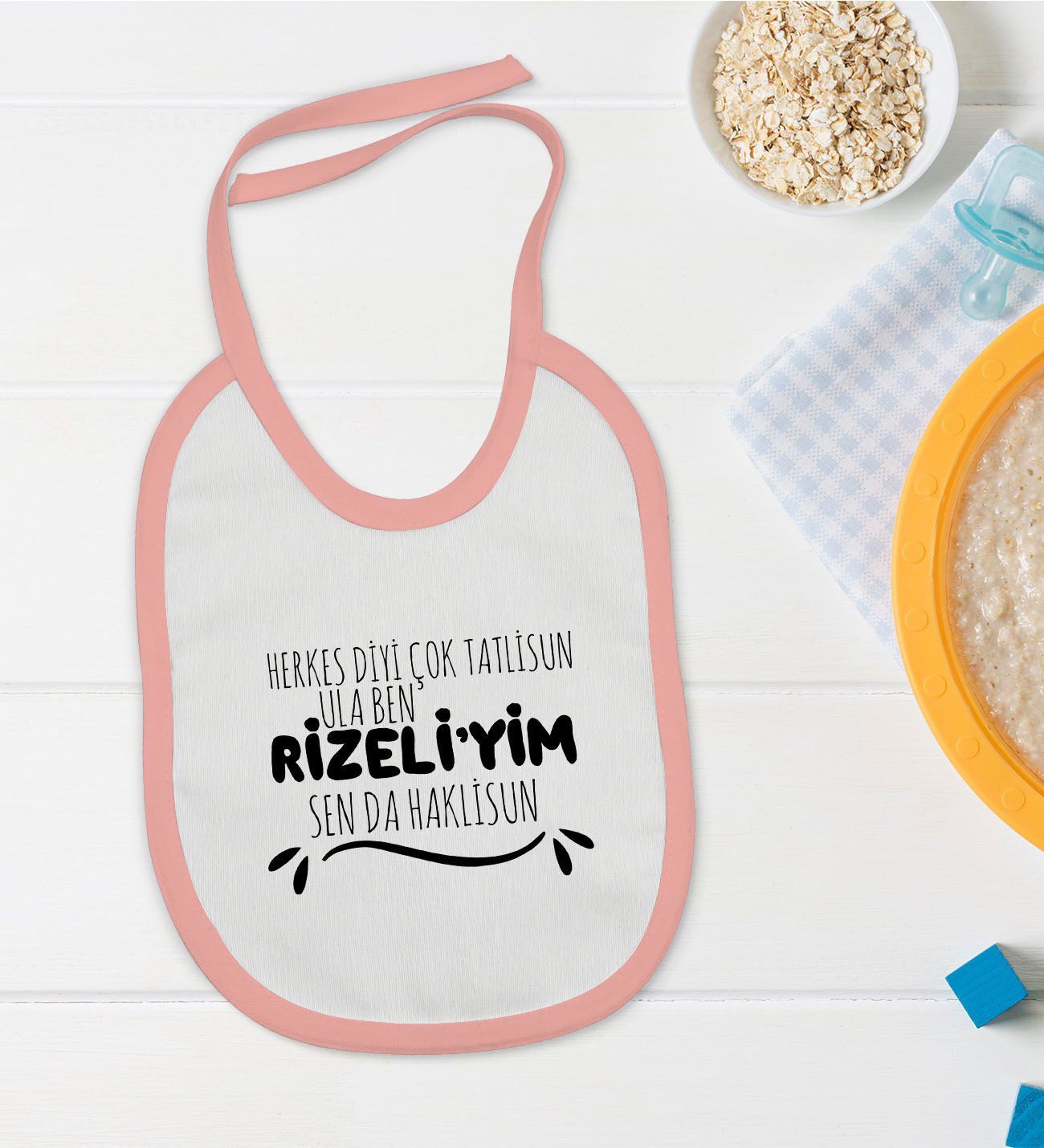 BK Kids Rizeliyim Tasarımlı Pembe Bebek Mama Önlüğü-1