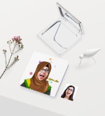 Kişiye Özel Tesettürlü Bayan Öğretmen Temalı Karikatürlü Deri Ayna - 3