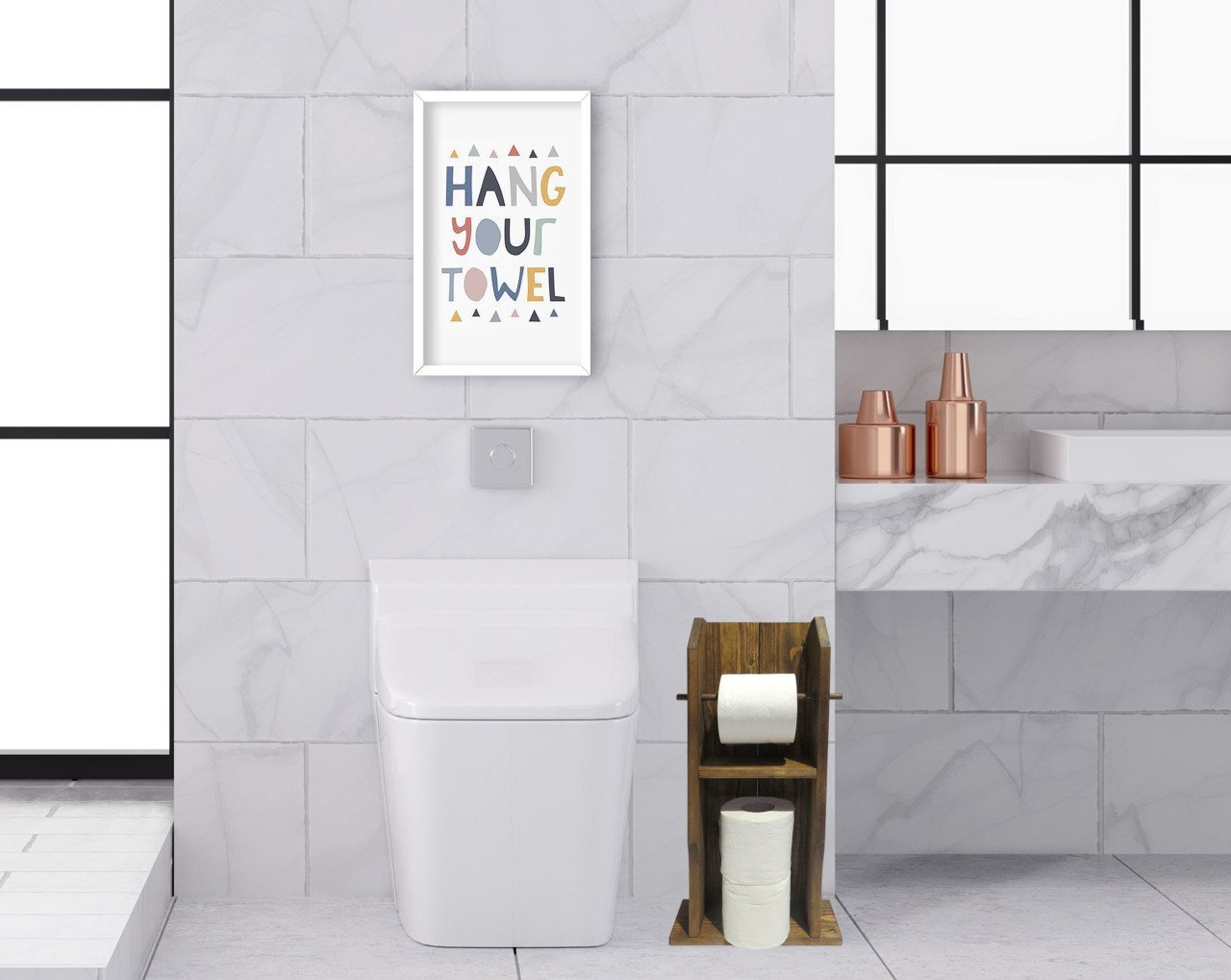 BK Home Doğal Masif Ahşap Tuvalet Kağıtlığı ve Dekoratif Ahşap Beyaz Çerçeveli Tablo Seti-3