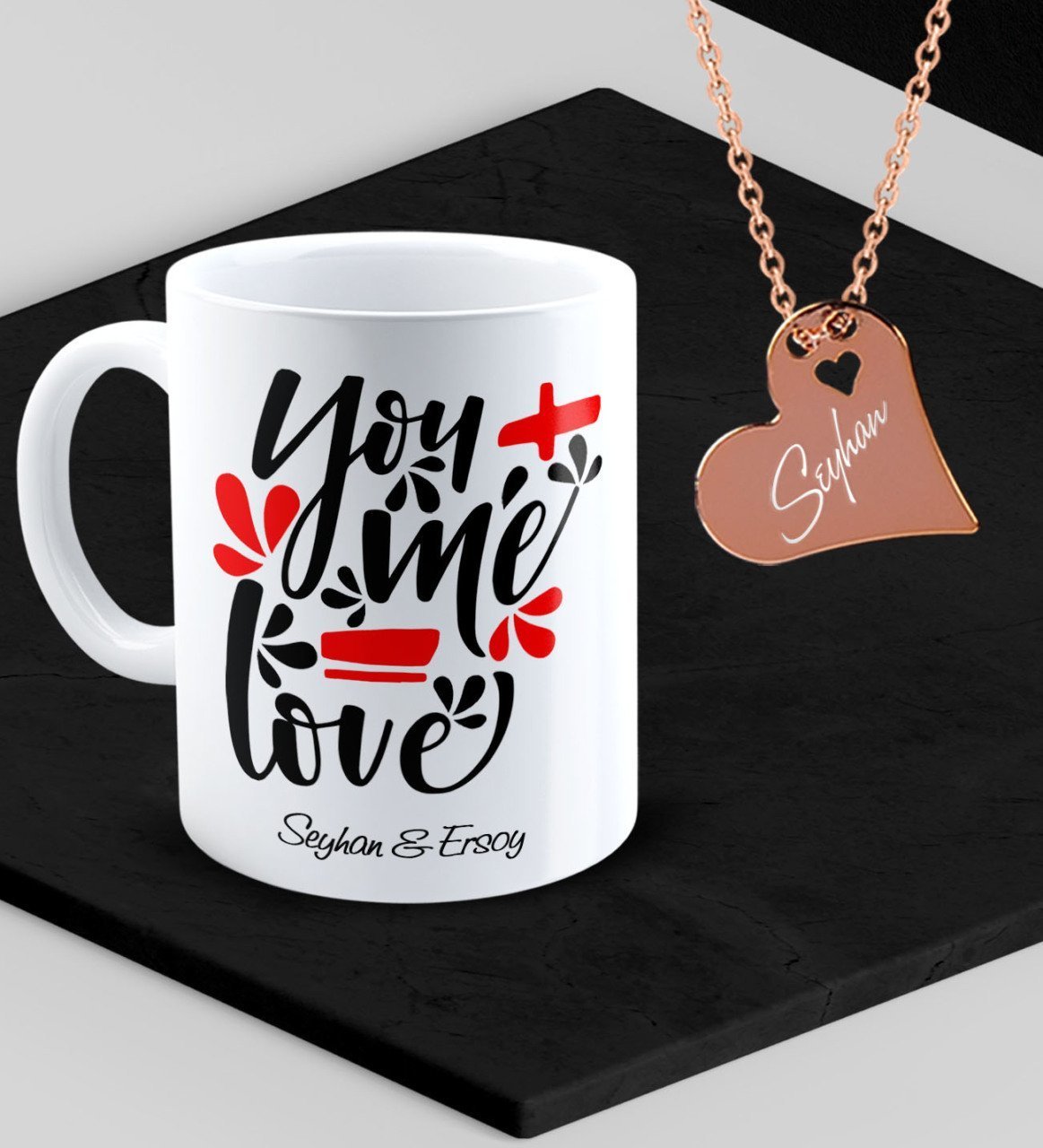 Kişiye Özel Sevgililer Temalı Kupa ve Rose Kalp Kolye Set - 79