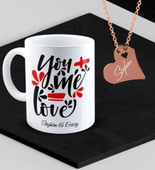 Kişiye Özel Sevgililer Temalı Kupa ve Rose Kalp Kolye Set - 79