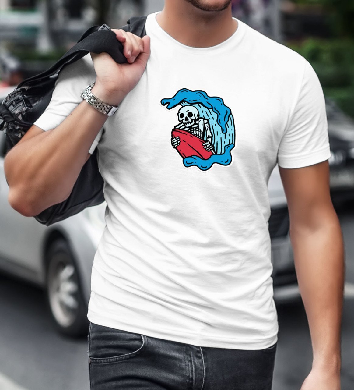 BK Gift Sörfçü İskelet Tasarımlı Beyaz T-Shirt-1