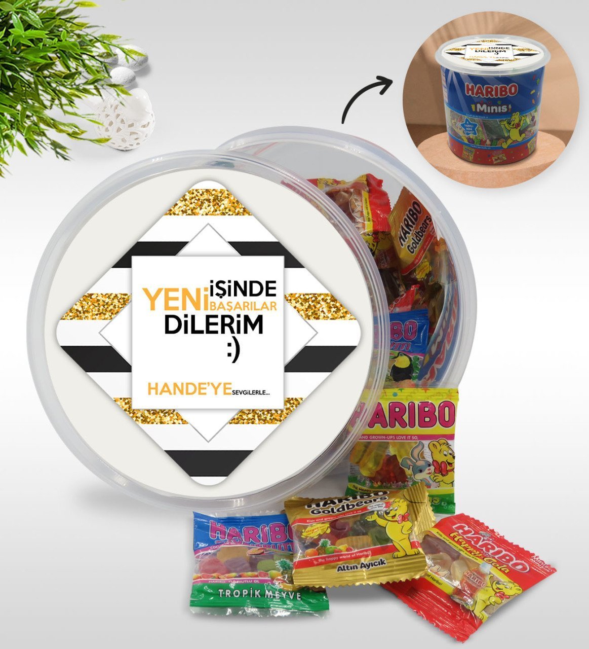 Kişiye Özel İsimli Yeni İşinde Başarılar Tasarımlı Dev Boy Haribo Minis Kovası (10gx100adet) Model 7