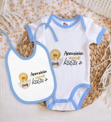 BK Kids Kişiye Özel Annesinin Minik Kuşu Tasarımlı Mavi Bebek Body Zıbın ve Mama Önlüğü Hediye Seti
