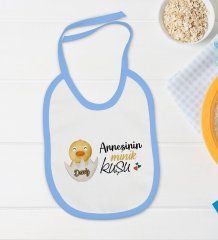BK Kids Kişiye Özel Annesinin Minik Kuşu Tasarımlı Mavi Bebek Body Zıbın ve Mama Önlüğü Hediye Seti