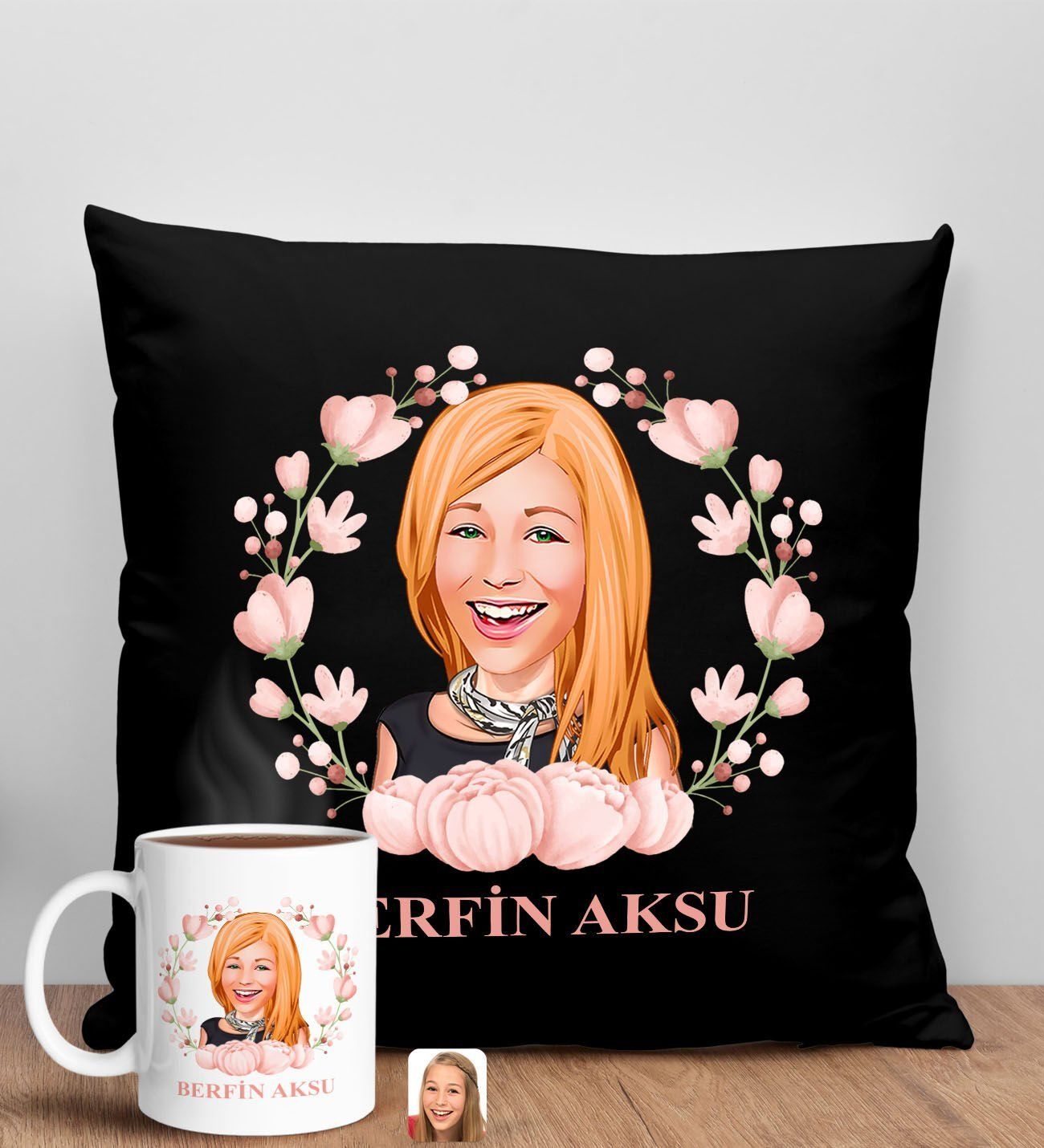 BK Gift Kişiye Özel Karikatürlü Anneler Günü Tasarımlı Siyah Kırlent Yastık ve Kupa Seti, Anneye Hediye, Ev Dekorasyonu, Anneler Günü Hediyesi-3