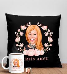 BK Gift Kişiye Özel Karikatürlü Anneler Günü Tasarımlı Siyah Kırlent Yastık ve Kupa Seti, Anneye Hediye, Ev Dekorasyonu, Anneler Günü Hediyesi-3