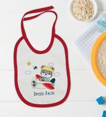 BK Kids Kişiye Özel Sevimli Pilot Tasarımlı Kırmızı Bebek Mama Önlüğü-1