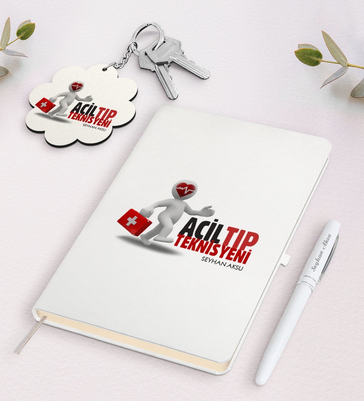 Kişiye Özel Acil Tıp Teknisyeni Beyaz Defter Kalem Ve Anahtarlık Hediye Seti-1