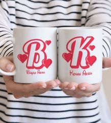 BK Gift Kişiye Özel Kalpli Harf Tasarımlı İkili Beyaz Kupa Bardak