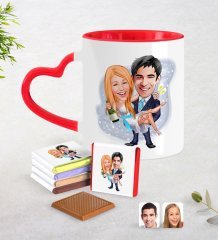 Kişiye Özel Sevgililer Günü Temalı Evleniyoruz Karikatürlü Kırmızı Kalpli Kupa ve Çikolata Seti-4