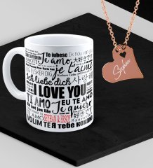 Kişiye Özel Sevgililer Temalı Kupa ve Rose Kalp Kolye Set - 78
