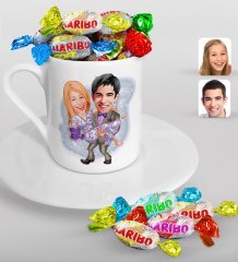 Kişiye Özel Sevgililer Karikatürlü Türk Kahvesi Fincanı ve Haribo Şeker Hediye Seti-56