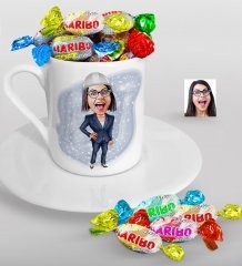 Kişiye Özel Bayan Mühendis Karikatürlü Türk Kahvesi Fincanı ve Haribo Şeker Hediye Seti