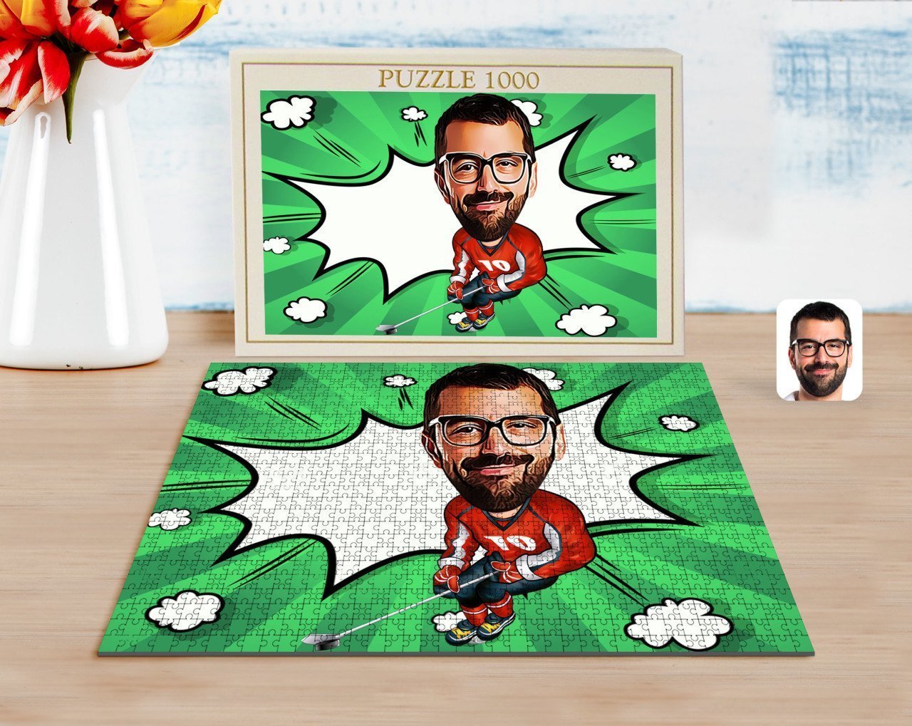 Kişiye Özel Hokeyci Karikatürlü 1000 Parça Profesyonel Puzzle-1