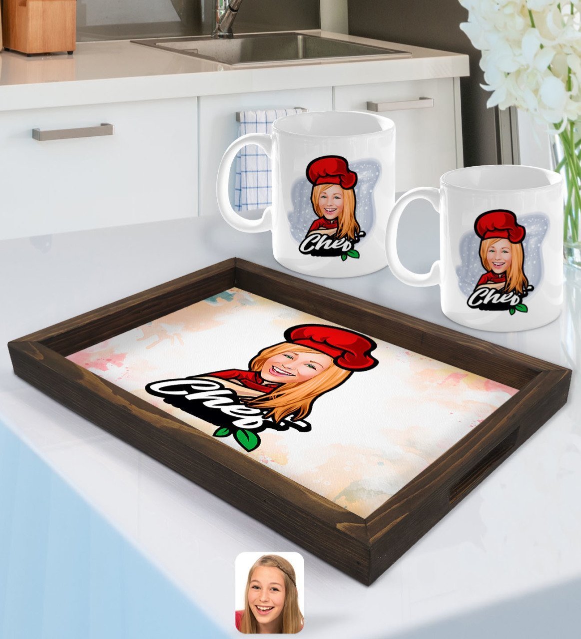 Kişiye Özel Kadın Chef Karikatürlü Doğal Ahşap Tepsi ve 2’li Kupa Bardak Seti-10