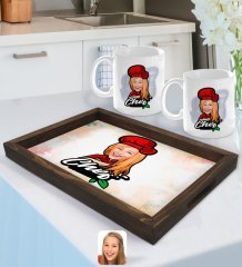 Kişiye Özel Kadın Chef Karikatürlü Doğal Ahşap Tepsi ve 2’li Kupa Bardak Seti-10