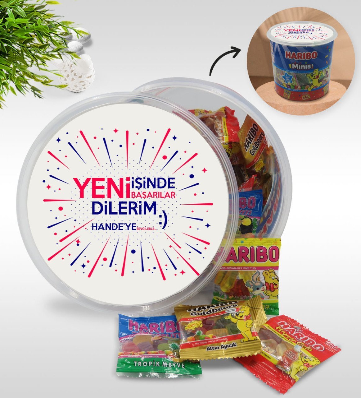 Kişiye Özel İsimli Yeni İşinde Başarılar Tasarımlı Dev Boy Haribo Minis Kovası (10gx100adet) Model 6