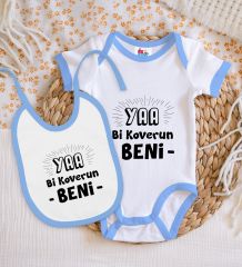 BK Kids Koverun Beni Tasarımlı Mavi Bebek Body Zıbın ve Mama Önlüğü Hediye Seti-1