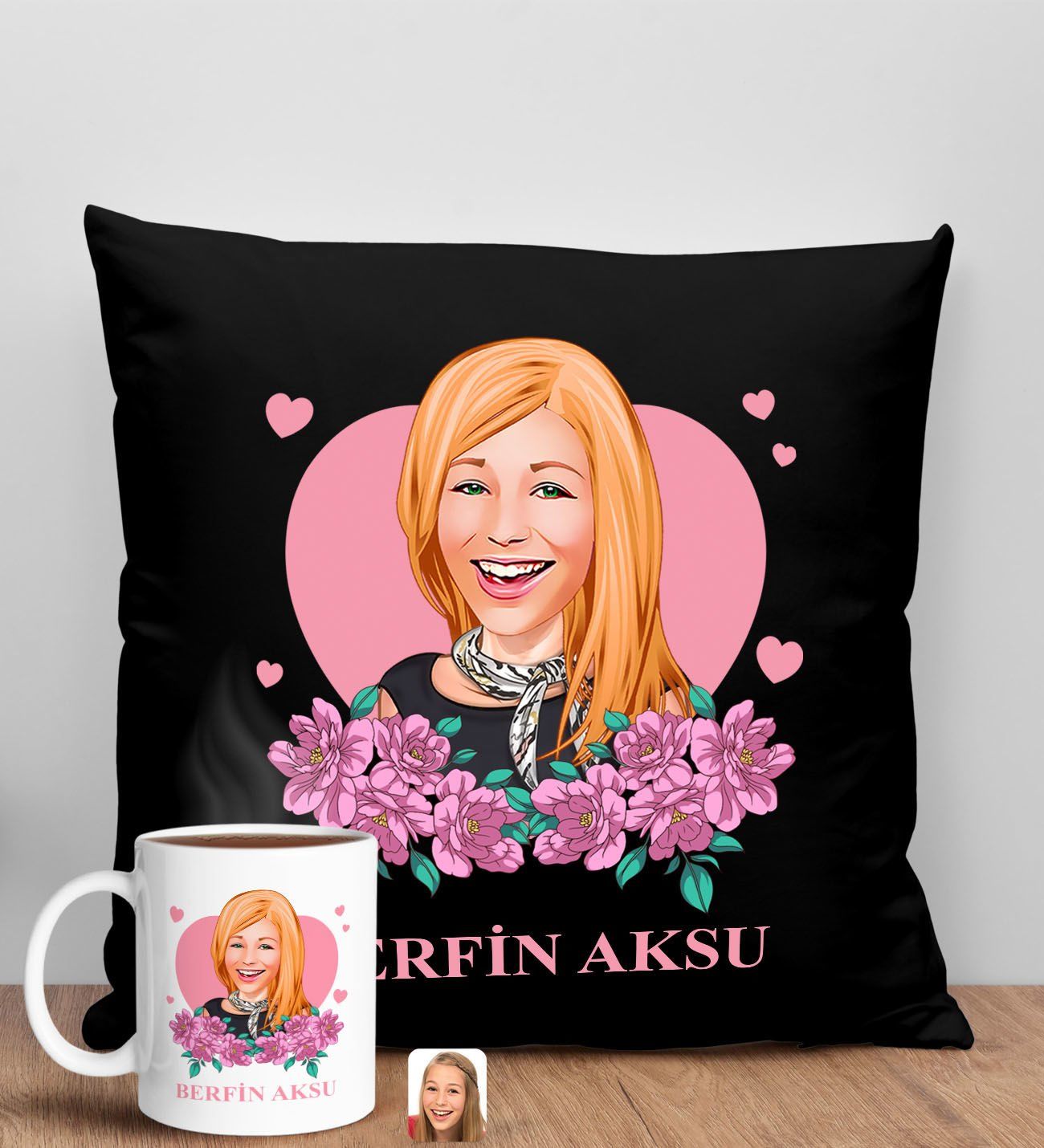 BK Gift Kişiye Özel Karikatürlü Anneler Günü Tasarımlı Siyah Kırlent Yastık ve Kupa Seti, Anneye Hediye, Ev Dekorasyonu, Anneler Günü Hediyesi-2
