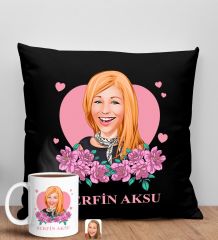 BK Gift Kişiye Özel Karikatürlü Anneler Günü Tasarımlı Siyah Kırlent Yastık ve Kupa Seti, Anneye Hediye, Ev Dekorasyonu, Anneler Günü Hediyesi-2