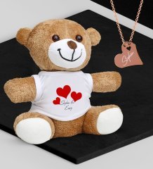 Kişiye Özel Sevgililer Temalı Peluş Ayıcık ve Rose Kalp Kolye Set - 90