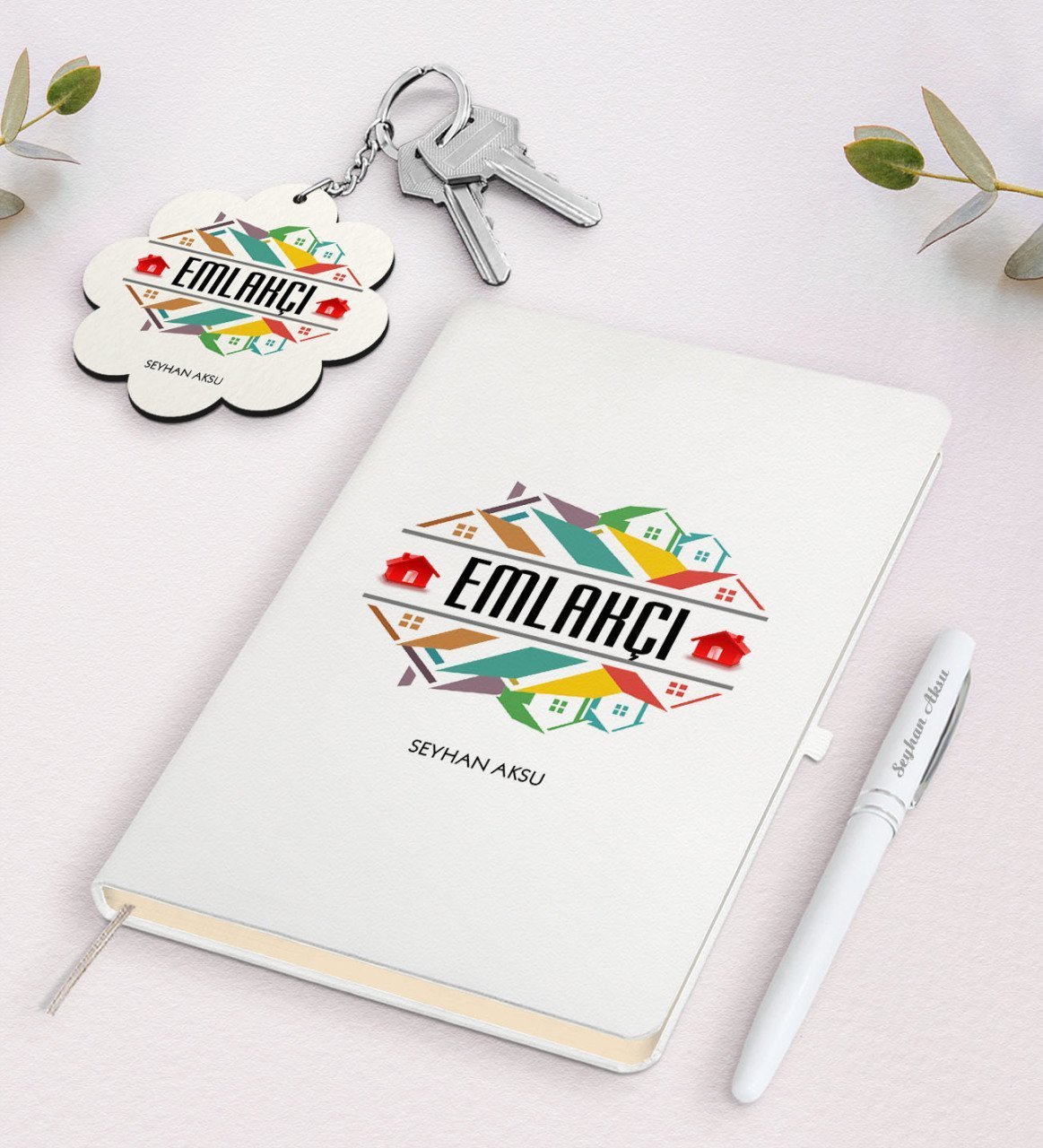 Kişiye Özel Emlakçı Beyaz Defter Kalem Ve Anahtarlık Hediye Seti