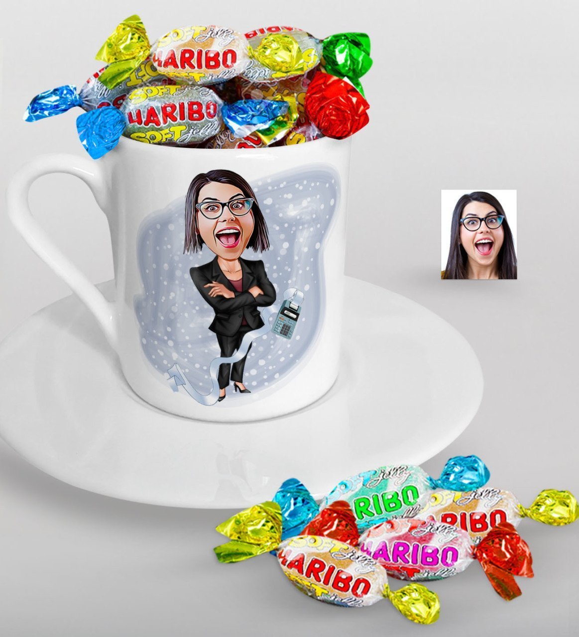 Kişiye Özel Bayan Muhasebeci Karikatürlü Türk Kahvesi Fincanı ve Haribo Şeker Hediye Seti-2