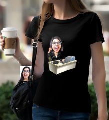 Kişiye Özel Bayan Asistan Karikatürlü Siyah T-Shirt