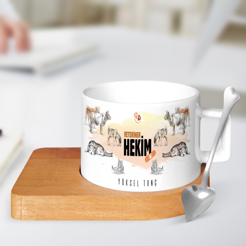 Kişiye Özel Mesleki Veteriner Hekim Ahşap Altlıklı Seramik Fincan - 3